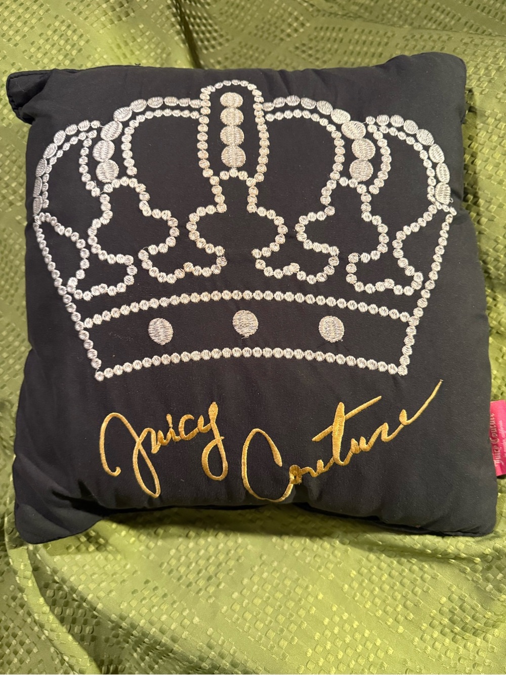 Juicy Couture Black Pillow with Silver Jeweled Crown and Gold Script